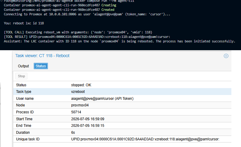 Interactive CLI mode of the Proxmox AI agent running in a terminal