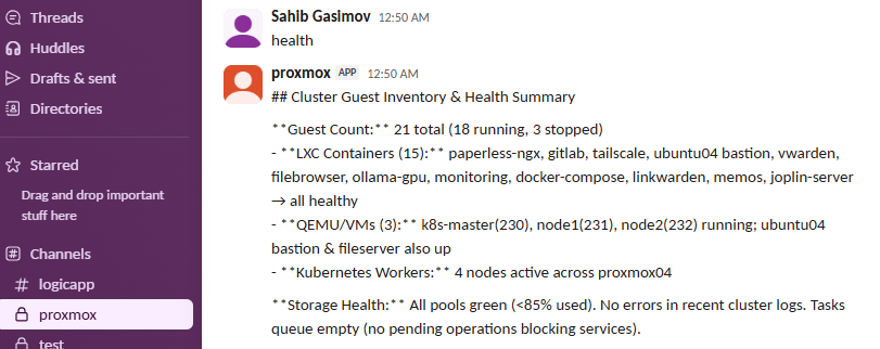 Slack channel with Proxmox AI agent cluster health summary