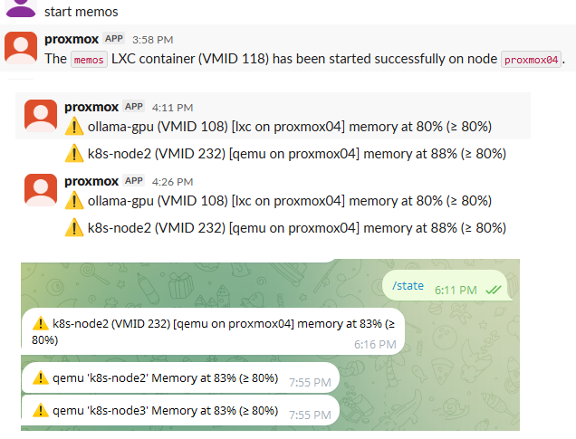 Telegram, Slack chat with Proxmox AI agent bot showing cluster health check and confirmation