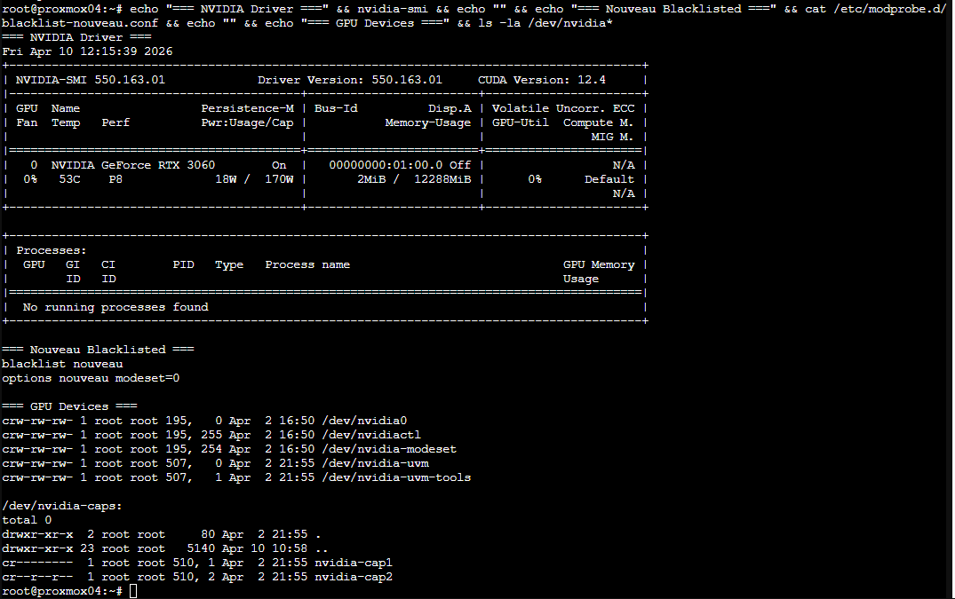 Successful nvidia-smi output on Proxmox host showing RTX 3060 with driver 550.163.01
